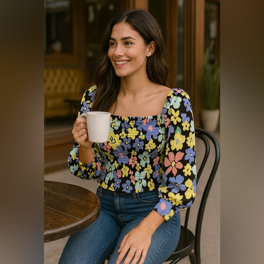 Free People Smocked Floral Puff Sleeve Top‎ XS – Square Neck Black Multicolor